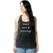 Load image into Gallery viewer, Peace Love & Piercings Black Gray Cosmic Twist Back Tank Top