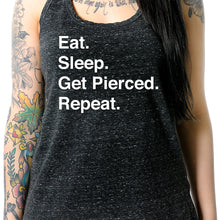 Load image into Gallery viewer, Eat. Sleep. Get Pierced. Repeat. Black Gray Cosmic Twist Back Tank Top