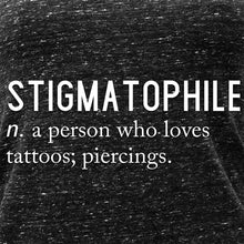 Load image into Gallery viewer, Stigmatophile n. a person who loves tattoos; piercings. Black Gray Cosmic Twist Back Tank Top