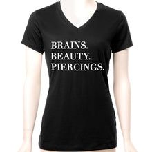 Load image into Gallery viewer, Brains Beauty & Piercings Tapered V-Neck Tee Shirt
