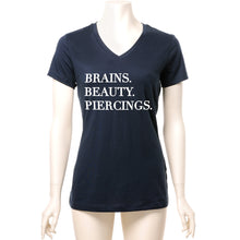 Load image into Gallery viewer, Brains Beauty & Piercings Tapered V-Neck Tee Shirt
