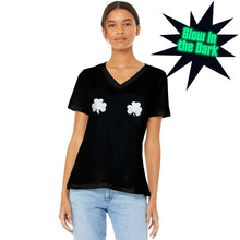 Load image into Gallery viewer, Lucky Glow in the Dark Shamrocks Black V-Neck Boobies Tee Shirt
