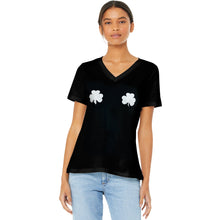 Load image into Gallery viewer, Lucky Glow in the Dark Shamrocks Black V-Neck Boobies Tee Shirt