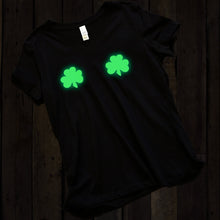 Load image into Gallery viewer, Lucky Glow in the Dark Shamrocks Black V-Neck Boobies Tee Shirt