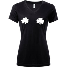Load image into Gallery viewer, Lucky Glow in the Dark Shamrocks Black V-Neck Boobies Tee Shirt