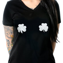 Load image into Gallery viewer, Lucky Glow in the Dark Shamrocks Black V-Neck Boobies Tee Shirt