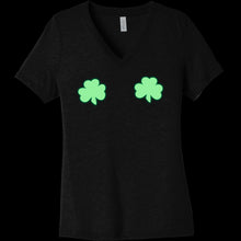Load image into Gallery viewer, Lucky Glow in the Dark Shamrocks Black V-Neck Boobies Tee Shirt