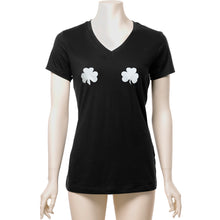 Load image into Gallery viewer, Lucky Glow in the Dark Shamrocks Black V-Neck Boobies Tee Shirt