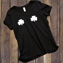 Load image into Gallery viewer, Lucky Glow in the Dark Shamrocks Black V-Neck Boobies Tee Shirt