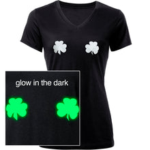 Load image into Gallery viewer, Lucky Glow in the Dark Shamrocks Black V-Neck Boobies Tee Shirt
