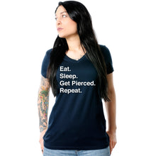 Load image into Gallery viewer, Eat. Sleep. Get Pierced. Repeat. Black Tapered V-Neck Tee Shirt