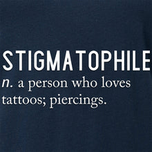 Load image into Gallery viewer, Stigmatophile n. a person who loves tattoos; piercings. Black Tapered V-Neck Tee Shirt