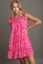 Load image into Gallery viewer, Pink Full Size Smocked Detail Floral Ruffle Cap Sleeve Dress Plus Size Glamorous & Feminine Dress