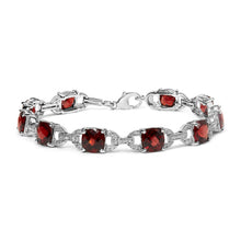 Load image into Gallery viewer, .925 Sterling Silver 7x7mm Checkered Cushion Red Garnet and Diamond Accent Fashion Tennis Link Bracelet (I-J Color, I1-I2 Clarity) - Size 7" Inch