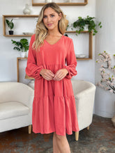 Load image into Gallery viewer, Light Green Double Take Full Size V-Neck Sleeve Tiered Dress with Pockets Elegant & Comfortable Casual Dress