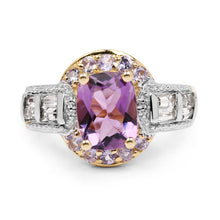 Load image into Gallery viewer, 14K Yellow Gold Plated 2.28 Carat Genuine Amethyst, Tanzanite And White Topaz .925 Sterling Silver Ring