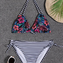 Load image into Gallery viewer, Sunset Bloom 2-Piece Triangle Bikini Set for Women – Vibrant Random Floral Print Halter Neck Swimsuit with Tie-Back Tie-Side Bottoms & High Cut Legs – Women's High-Stretch Swimwear for Summer Beach Escapes