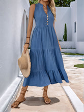 Load image into Gallery viewer, Decorative Dusty Blue Button Notched Sleeveless Dress Elegant & Feminine Style Long Dress For Women