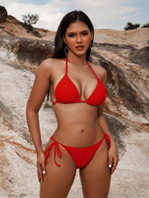 Load image into Gallery viewer, Bikini Solid Red Triangle Halter V Neck 2 Piece Swimsuit for Women – Stretchy Tie Back and Side Laced Bikini Set with Sexy Lace Up Detail – Bold Summer Swimwear for Beach Vacations Pool Parties and Sunbathing Style