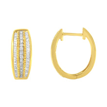 Load image into Gallery viewer, 10K Yellow Gold 3/4 Cttw Pave and Channel Set Diamond Triple Row Modern Hoop Earrings (I-J Color, I2-I3 Clarity)