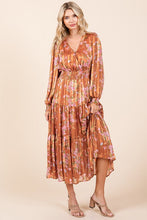 Load image into Gallery viewer, Flower Print Satin Lurex Stripe Smocked Midi Summer Dress β Elegant Midi Dress, Satin Lurex Dress, Floral Dress, Smocked Waist Dress, Romantic Midi Dress, Special Occasion Dress