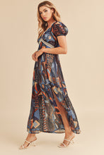 Load image into Gallery viewer, Lace Detail Slit Geometric Print Short Sleeve Comfortable Maxi Dress For Women, Elegant Lace, Alluring Slit, Sophisticated Geometric Print for Casual & Dressy Occasions