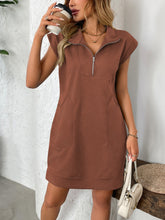 Load image into Gallery viewer, Retro Brown Half-Zip Cap Sleeve Mini Dress Classic & Vintage Design Dress For Girls