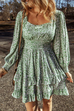 Load image into Gallery viewer, Elegant Ruffle Hem Floral Mini Dress Square Neck Long Sleeve Romantic Dress