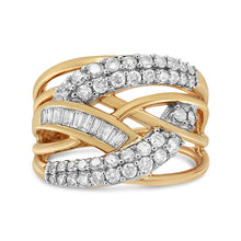 Load image into Gallery viewer, 10K Yellow and White Gold 1.0 Cttw Round and Baguette-Cut Diamond Multirow Interwoven Cocktail Ring (I-J Color, I2-I3 Quality) - Size 7