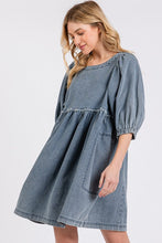 Load image into Gallery viewer, Washed Round Neck Puff Sleeve Denim Dress – Casual, Vintage-Inspired, Comfortable & Chic, Effortlessly Stylish, Classic Denim Dress