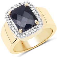 Load image into Gallery viewer, 14K Yellow Gold Plated 4.07 Carat Dyed Sapphire and White Topaz .925 Sterling Silver Ring