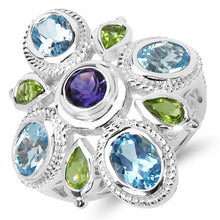 Load image into Gallery viewer, 5.13 Carat Genuine Amethyst , Blue Topaz & Peridot .925 Sterling Silver Ring