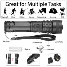 Load image into Gallery viewer, Adjustable Rechargeable Powerful Zoomable LED USB Flashlights High Lumens Powerful Tactical Waterproof Super Bright Flashlights Best For Camping Outdoor Hiking Running Riding
