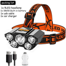 Load image into Gallery viewer, Adjustable USB Rechargeable Torch Lamp Built-in Battery 5 Led Strong Headlight Waterproof Rechargeable Super Bright Head-Mounted Flashlight For Outdoor Night Camping