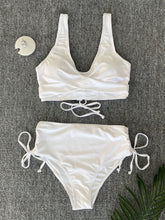 Load image into Gallery viewer, Bikini Twist Front V Neck High Waist 2 Piece Bikini Set for Women – Stretchy Tie Back Swimsuit with Drawstring Lace Up and Comfortable Fit – Trendy Solid Color Swimwear for Beach Days Pool Parties and Summer Vacations