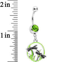 Load image into Gallery viewer, Green Gem Grassy Garden Hoop Dragonfly Dangle Belly Ring