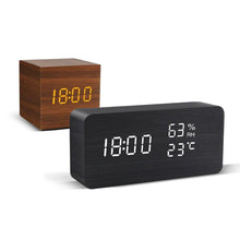 Load image into Gallery viewer, Alarm Clock LED Wooden Watch Digital Alarm Clock with Wooden Electronic LED Time Display 3 Alarm Settings Humidity & Temperature Detect Wood Made Electric Clocks Table Voice Control Digital Wood USB/AAA Powered Electronic Desktop Clocks