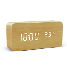 Load image into Gallery viewer, Alarm Clock LED Wooden Watch Digital Alarm Clock with Wooden Electronic LED Time Display 3 Alarm Settings Humidity & Temperature Detect Wood Made Electric Clocks Table Voice Control Digital Wood USB/AAA Powered Electronic Desktop Clocks