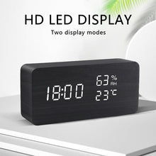 Load image into Gallery viewer, Alarm Clock LED Wooden Watch Digital Alarm Clock with Wooden Electronic LED Time Display 3 Alarm Settings Humidity & Temperature Detect Wood Made Electric Clocks Table Voice Control Digital Wood USB/AAA Powered Electronic Desktop Clocks