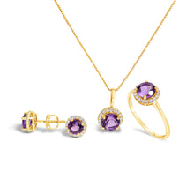 Load image into Gallery viewer, 10K White Gold Purple Amethyst and 3/8 Cttw Diamond Halo Jewelry Set (Earrings, Pendant & Ring)