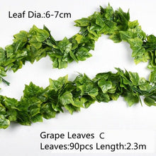 Load image into Gallery viewer, Artificial Decoration Vivid Vine Rattan Leaf Grass Grape Leaves Hanging For Wedding Home Kitchen Garden Party Decor Garland Fake Greenery Vine Leaves Hanging Green Foliage for Home Wedding Garden Wall Decoration