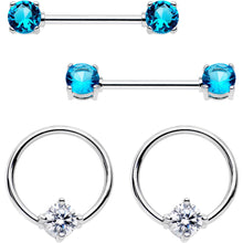Load image into Gallery viewer, 5/8 Blue Clear Gem Captive Ring Straight Barbell Nipple Ring Set