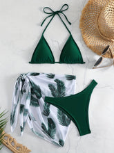 Load image into Gallery viewer, Feather Luxe 3-Piece Bikini Set – Exotic Feather Print Halter Neck Backless Swimsuit with High Cut Tie Back Bottoms and Wrap Cover-Up – Women’s High-Stretch Comfortable Swimwear for Summer Beach & Pool Vacations