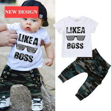 Load image into Gallery viewer, Hip Hop Short Sleeve Summer Toddler Infant Like A Boss Letter Tops T-Shirt and Pants Set For Baby Boy Kids In Military Style