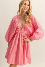 Load image into Gallery viewer, Plunge Balloon Sleeve Poplin Mini Dress with Pockets –Bold, Chic, Sexy and Trendy Plunge Neckline Dress with Balloon Sleeves and Functional Pockets