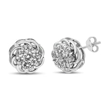 Load image into Gallery viewer, .925 Sterling Silver 1/2 Cttw Round Diamond Cluster Openwork Floral Halo Stud Earrings (I1-I2 Clarity, I-J Color)