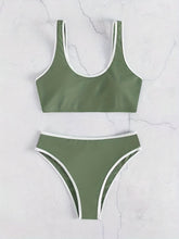 Load image into Gallery viewer, Bikini Scoop Neck Contrast Trim 2 Piece Swimsuit for Women – High Stretch Casual Bikini Set with Scallop Edge Detail and Matching Swim Briefs – Stylish Solid Color Swimwear for Beach Days Pool Lounging and Summer Vacations