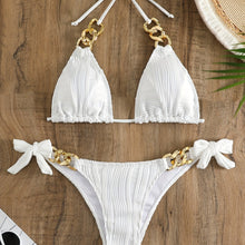 Load image into Gallery viewer, Bikini Ruched Texture Golden Chain 2 Piece Triangle Swimsuit for Women – Striped Halter Bikini Set with Bow Tie Side and Elegant Ring Link Detail – Stretchy Beachwear for Pool Bathing and Summer Vacations