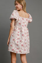 Load image into Gallery viewer, Heart Jacquard Square Neck Puff Sleeve Mini Dress – Romantic Heart Jacquard Dress, Puff Sleeve Dress, Square Neck Mini Dress, Chic Date Night Dress, Elegant Puff Sleeve Dress
