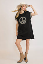 Load image into Gallery viewer, Peace Plaid Applique Short Sleeve Mini Dress For Women β Trendy Plaid Design, Unique Peace Applique, High-Low Hem for a Chic Look